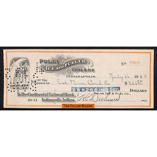 Indianapolis, IN Bank Check 1923 "The Polar Ice and Fuel Co." w/ Polar Bear Art
