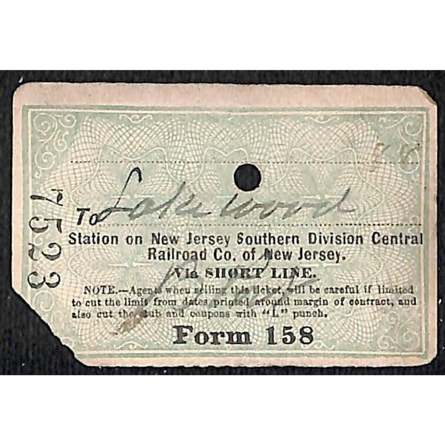 New York & Long Branch Railroad 1897 Ticket North Asbury Park Lakewood #7523