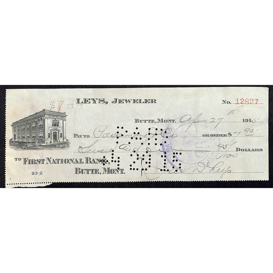 Butte Montana 1915 Leys Jeweler Bank Check w/ Building Vignette