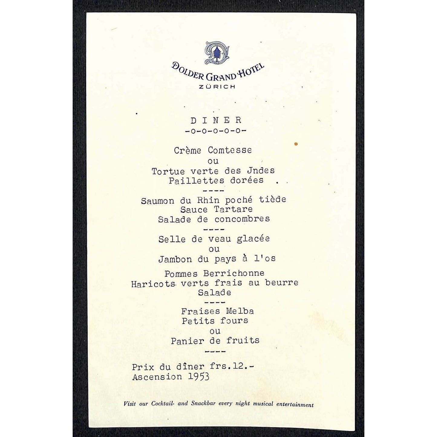 1953 Dolder Grand Hotel Zurich Dinner Menu Card