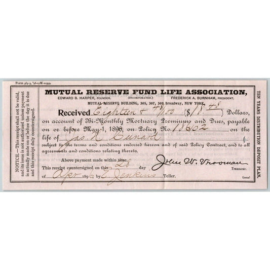 1896 Ex Civil War Soldier Document - Mutual Reserve Fund Life Ins. Receipt