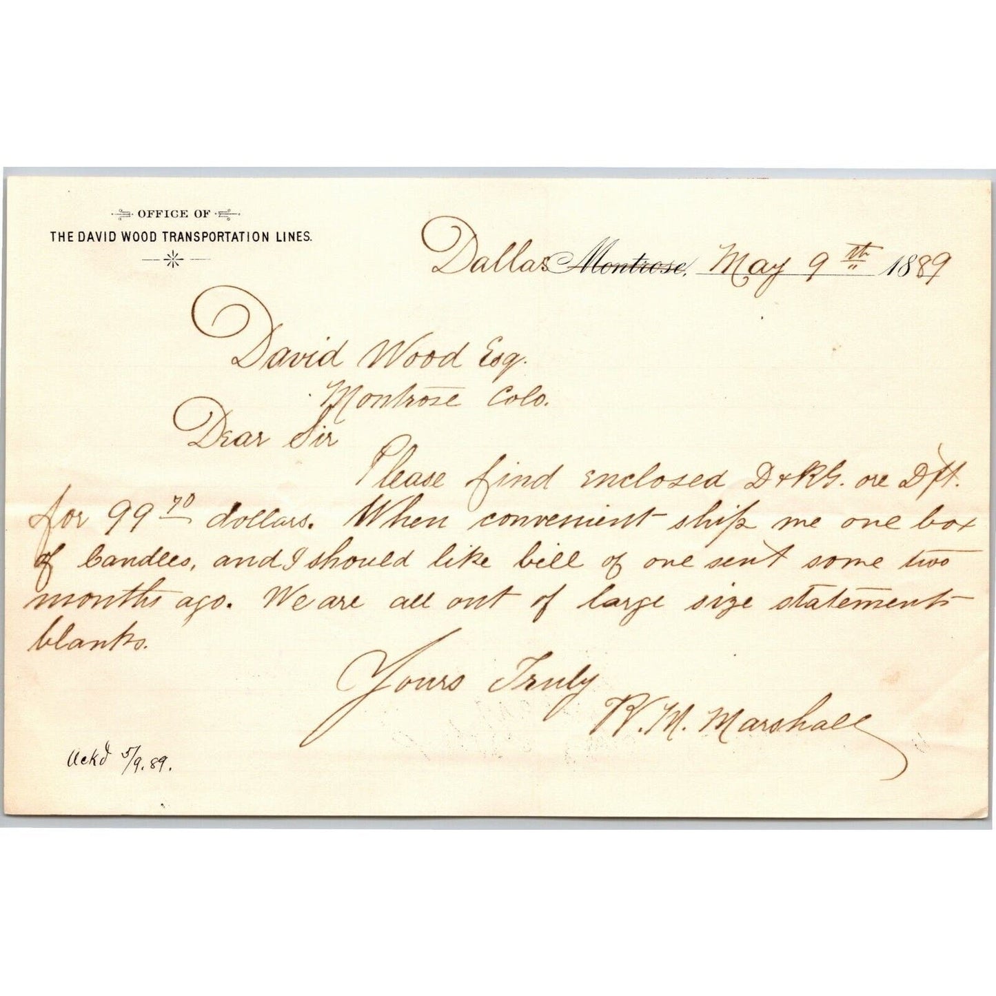 1889 Montrose, CO "David Wood Transportation Lines" Letterhead "Box of Candles"