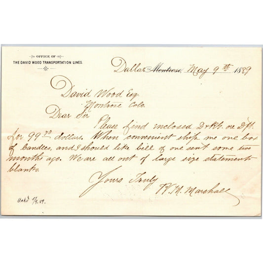 1889 Montrose, CO "David Wood Transportation Lines" Letterhead "Box of Candles"