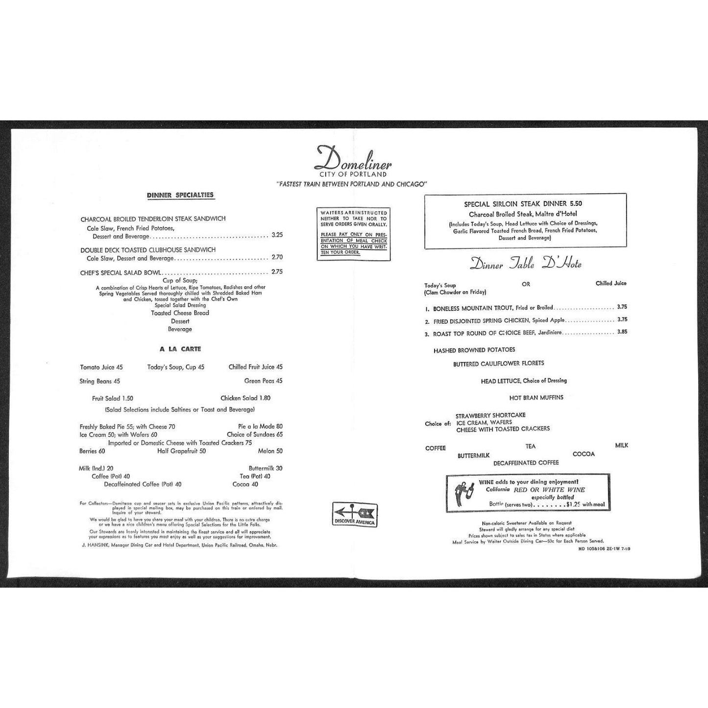 1969 Union Pacific City of Portland Domeliner 1869-1969 Centennial Dinner Menu