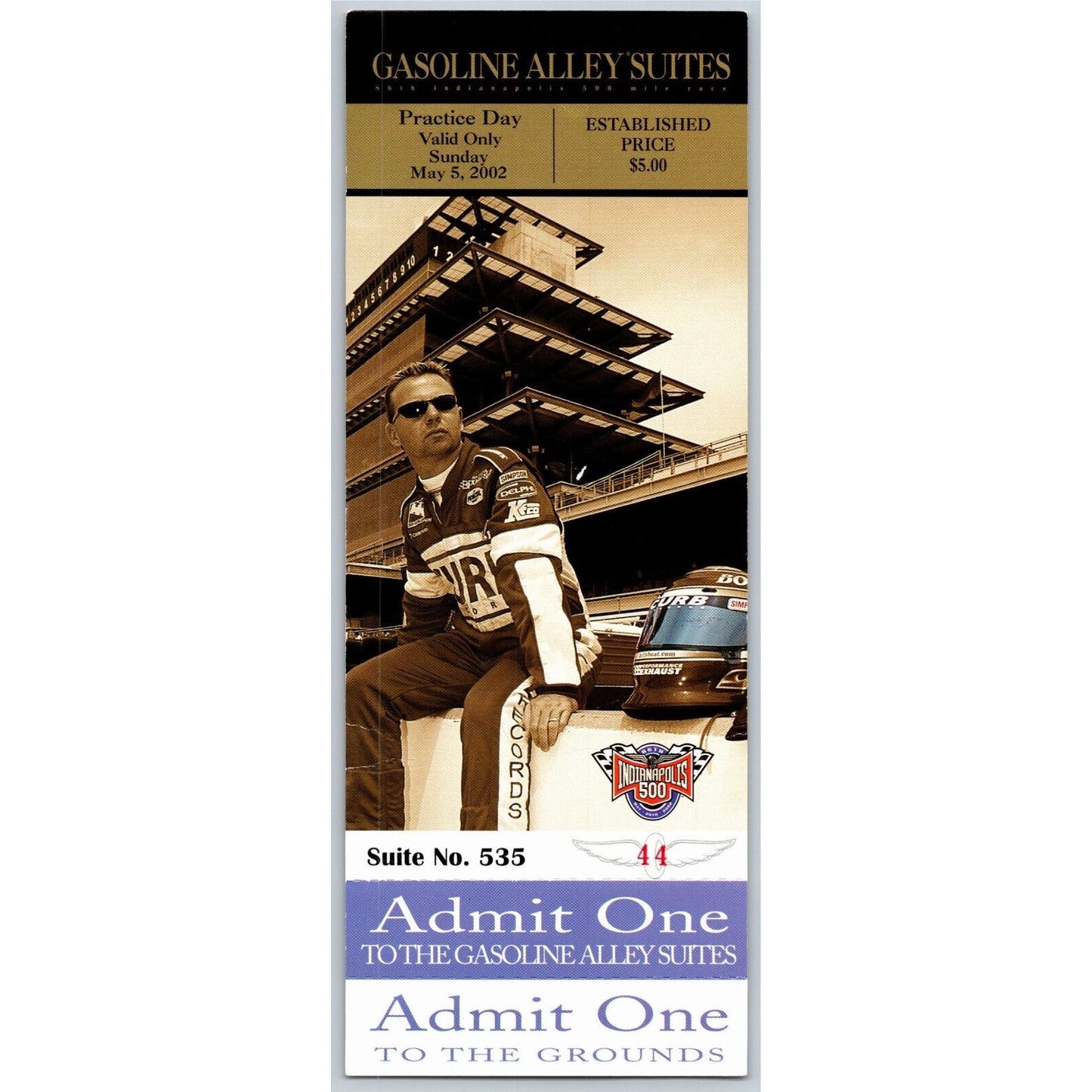 2002 Indy 500 Practice Day Gasoline Alley Suites Unused Ticket IMS #44