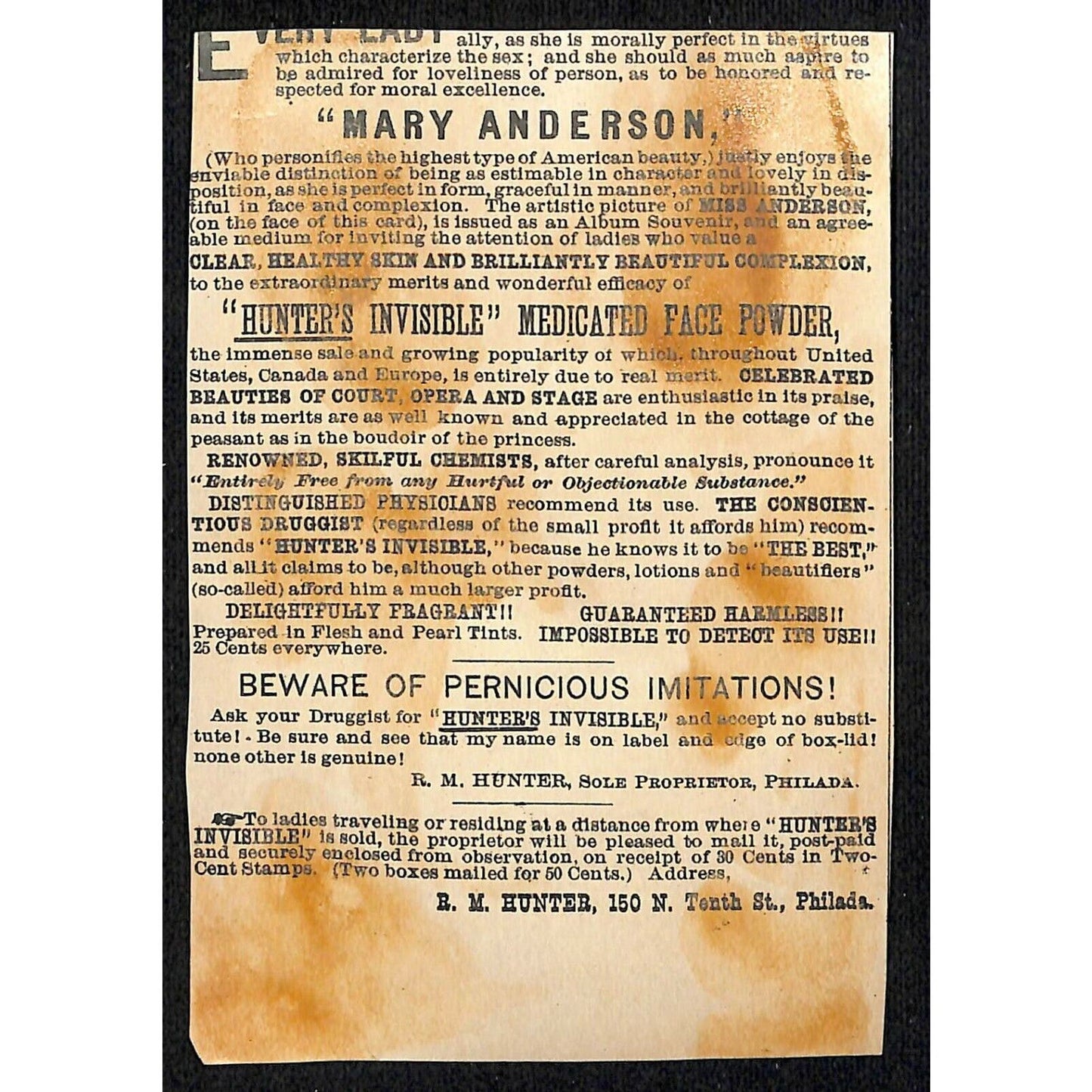 c1880's-90's Victorian Trade Card Mary Anderson - Face Powder R.M. Hunter Phila.