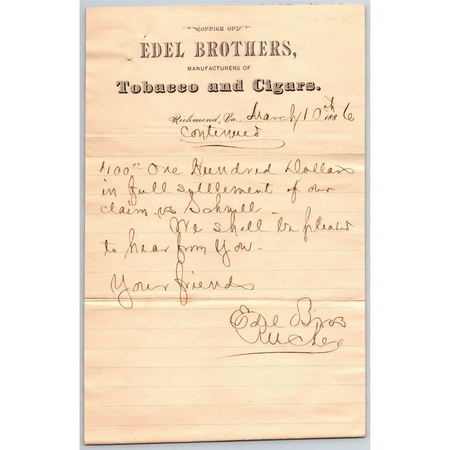 Scarce Edel Brothers Tobacco Cigars Letterhead Richmond, VA 1886