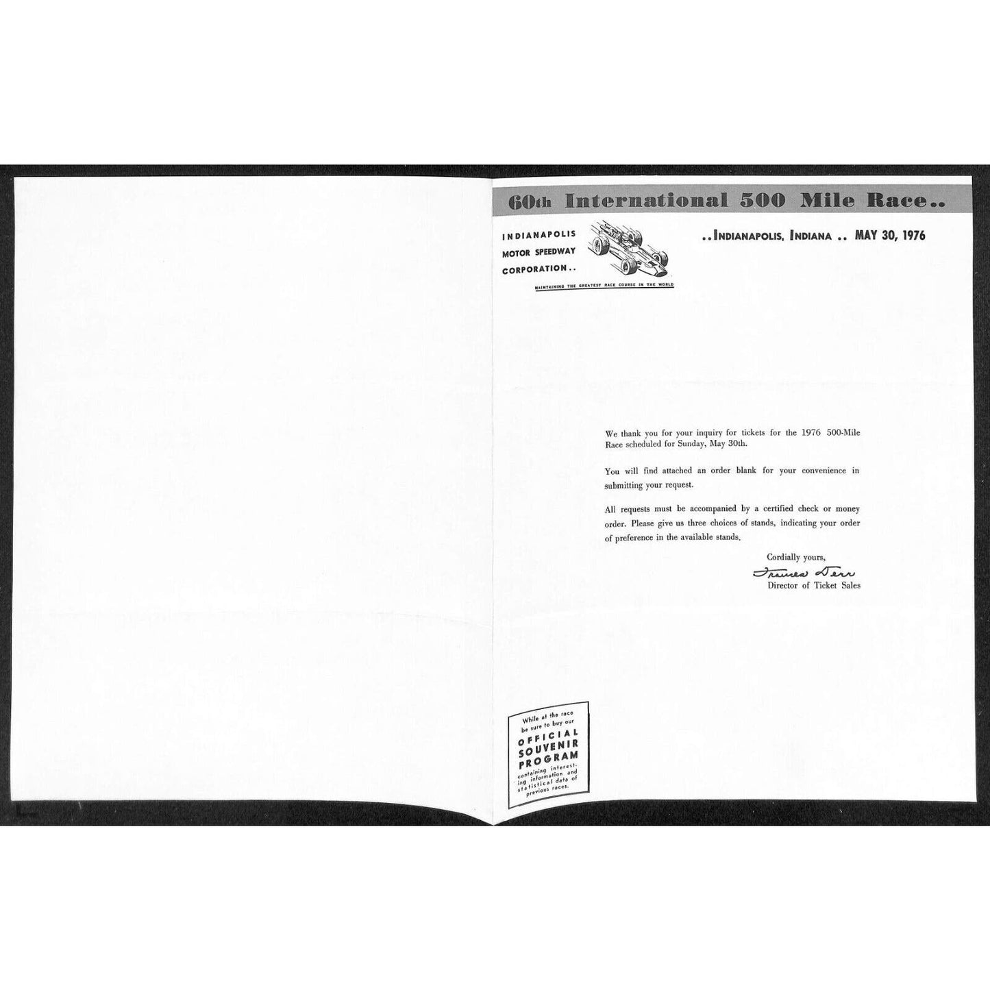 1976 Indy 500 Indianapolis IMS Unused Ticket Info Order Form Sheet w/ Map Scarce