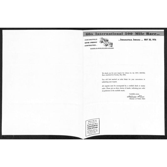 1976 Indy 500 Indianapolis IMS Unused Ticket Info Order Form Sheet w/ Map Scarce