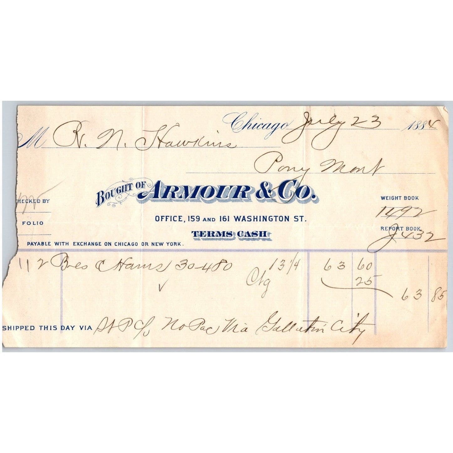 Chicago Armour & Co (Meat Packing) 1884 Billhead for Hams
