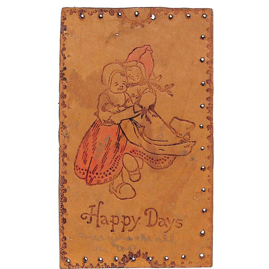 Funny Leather Postcard "Happy Days" Girl Holding Baby