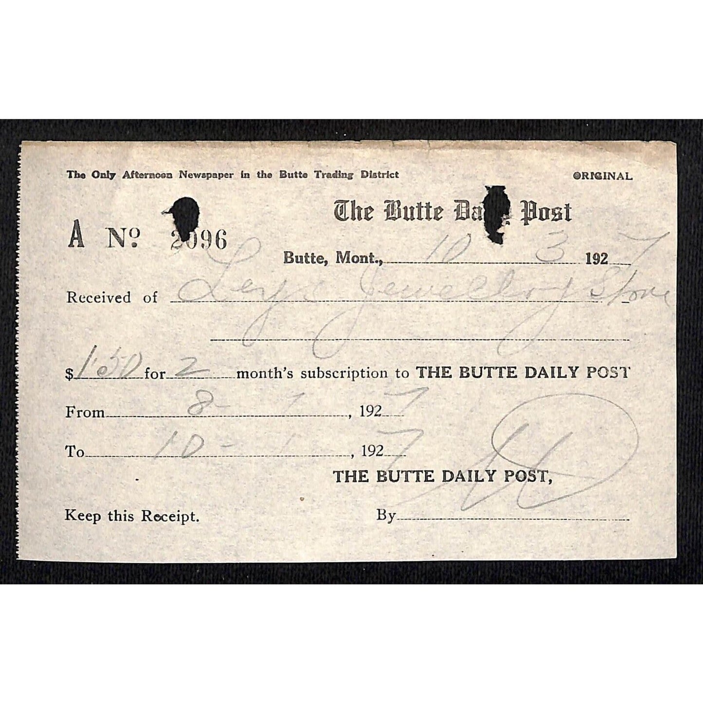 1927 Leys Jewelry Montana Butte Daily Post Newspaper Receipt