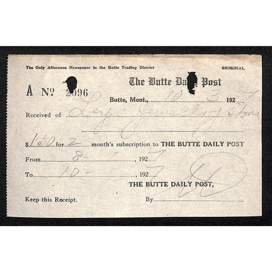 1927 Leys Jewelry Montana Butte Daily Post Newspaper Receipt