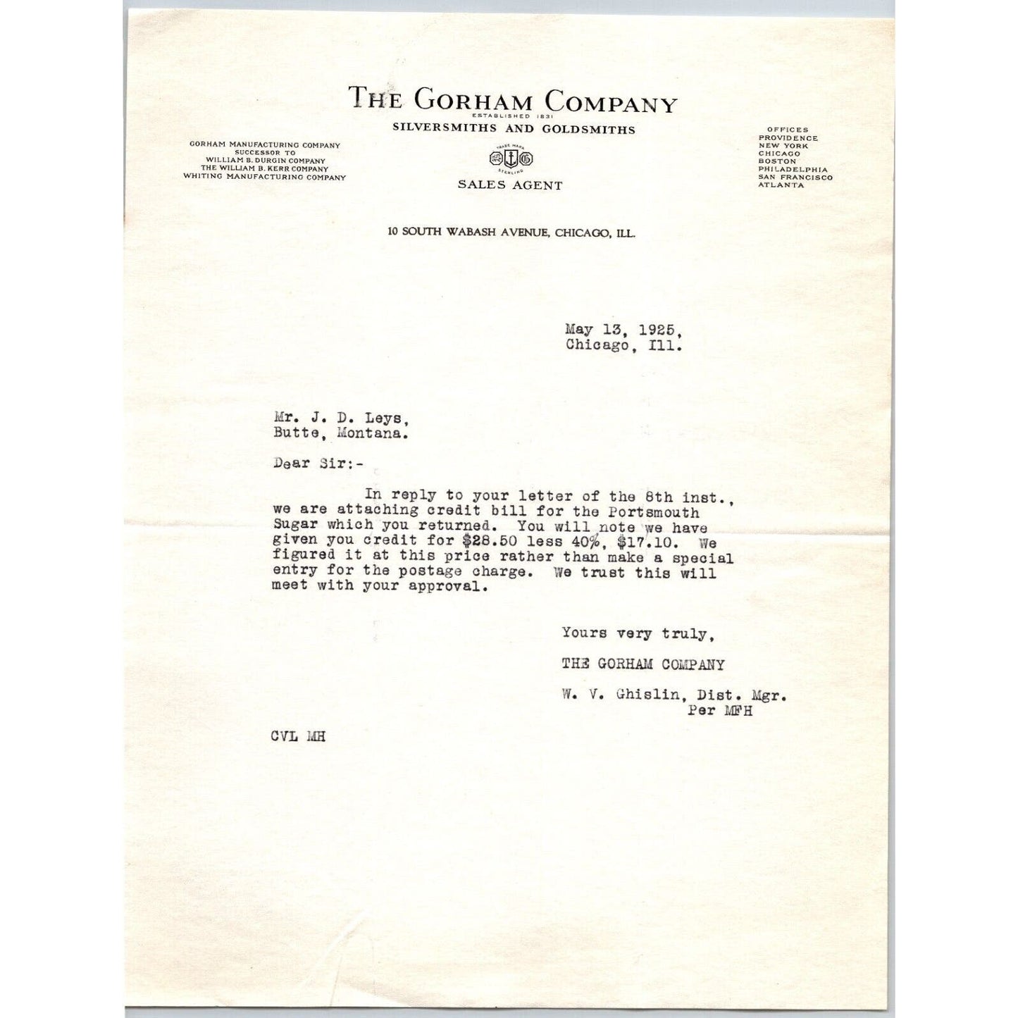 Gorham Company Silver to "Leys" Jewelers Butte, MT 1925 Credit Bill