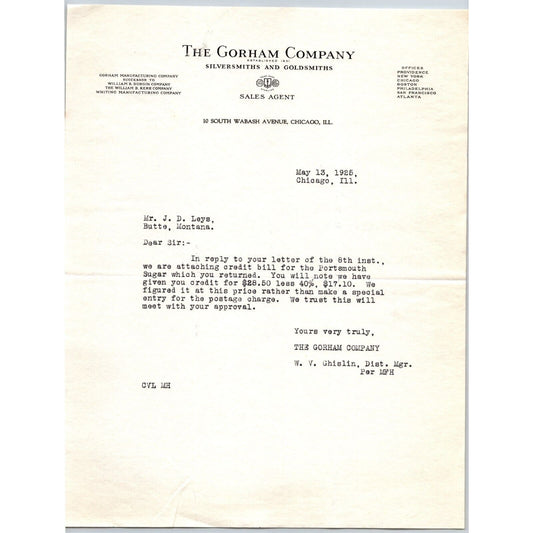 Gorham Company Silver to "Leys" Jewelers Butte, MT 1925 Credit Bill