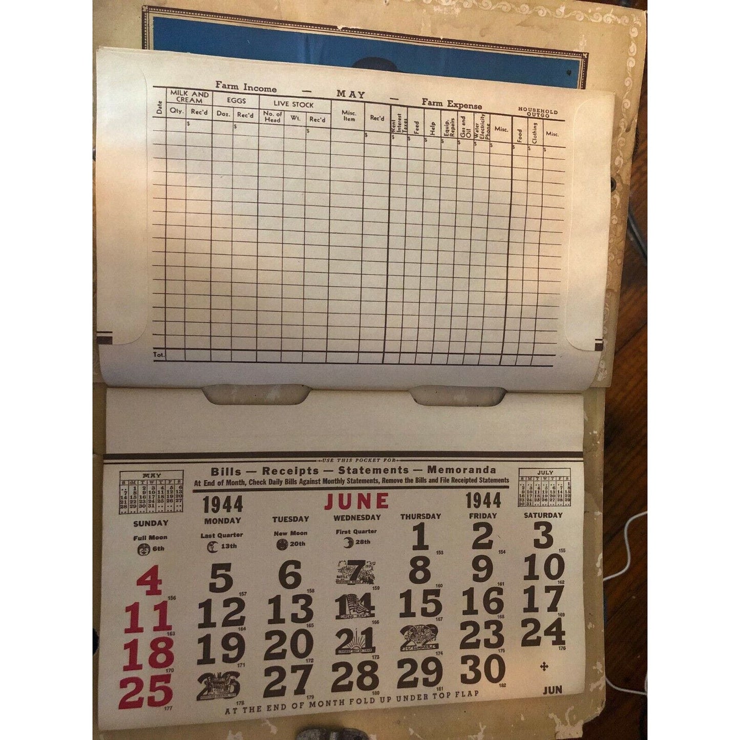 1944 Weber Bros. Milling Co. Cedarburg, Wisconsin Calendar w/ Monthly Pockets