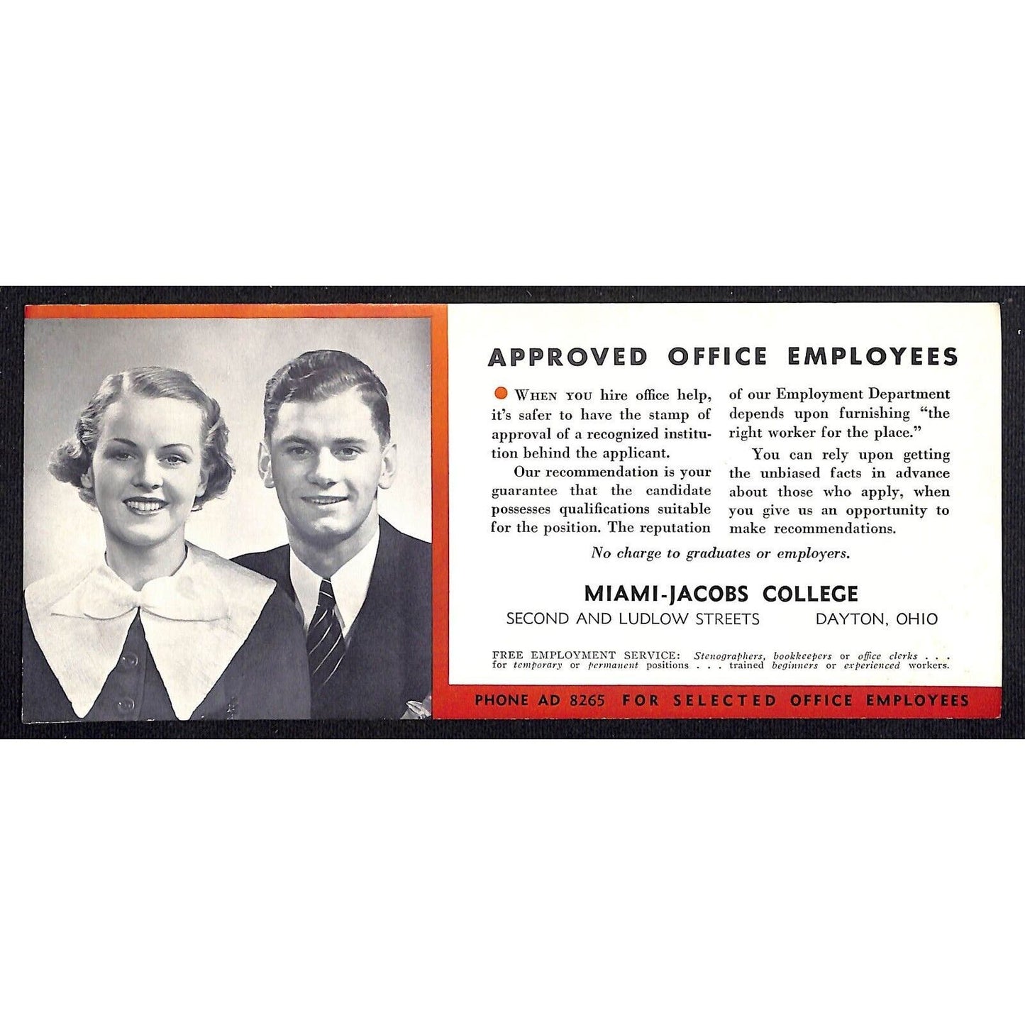 Dayton, OH Ink Blotter Miami-Jacobs College "Approved Office Employees" c1940's