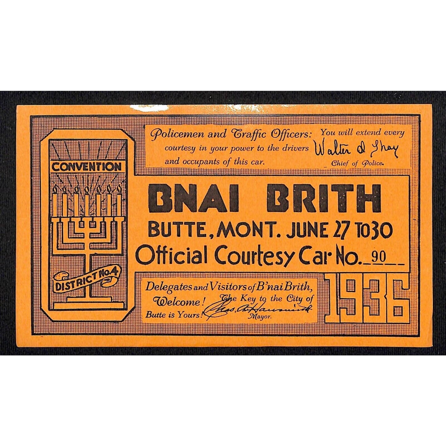 Butte Montana Bnai Brith 1936 Convention Courtesy Car Certificate - Very Scarce