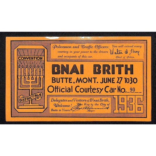 Butte Montana Bnai Brith 1936 Convention Courtesy Car Certificate - Very Scarce