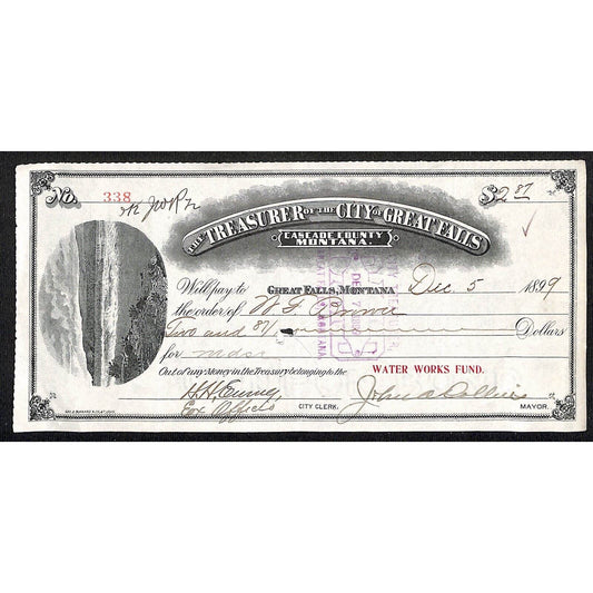 1899 Great Falls Montana City Treasurer Payment Receipt for "Water Works Fund"