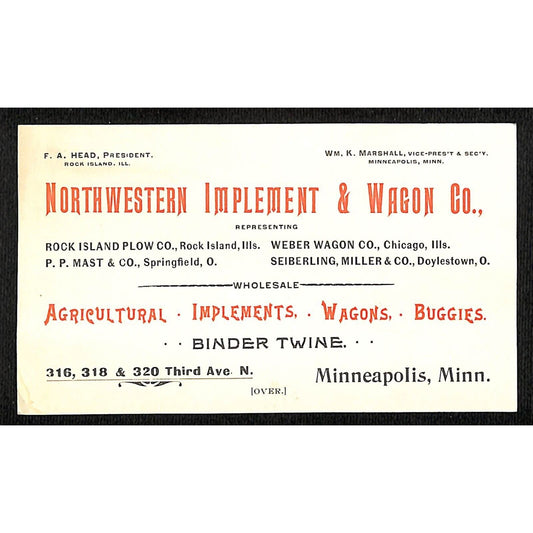 Minneapolis c1901 Northwestern Implement & Wagon Co. Business / Advertising Card