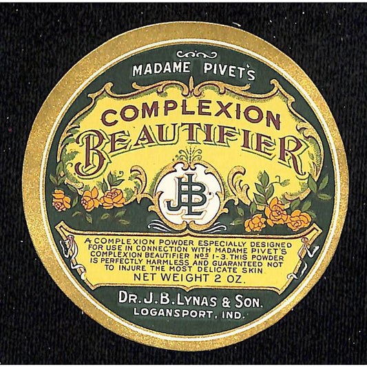 Madame Pivet's Complexion Beautifier Logansport, IND Paper Label NOS Gilt