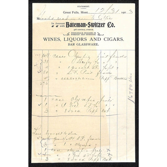 Great Falls, MT Bateman-Switzer Co. Wines Liquors Cigars 1903 Billhead Statement