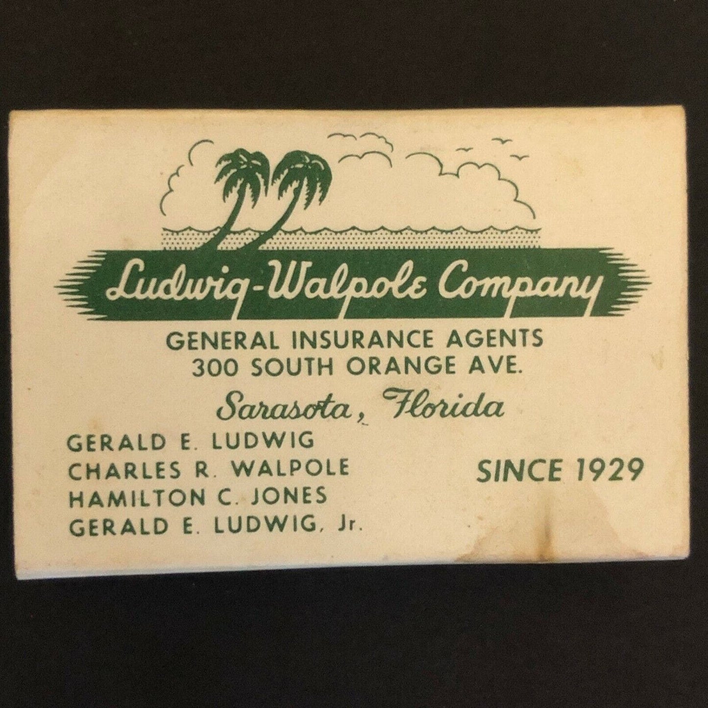c1970-80 's Vintage Wooden Matchbox Matchbook "Ludwig-Walpole Ins." Sarasota, FL