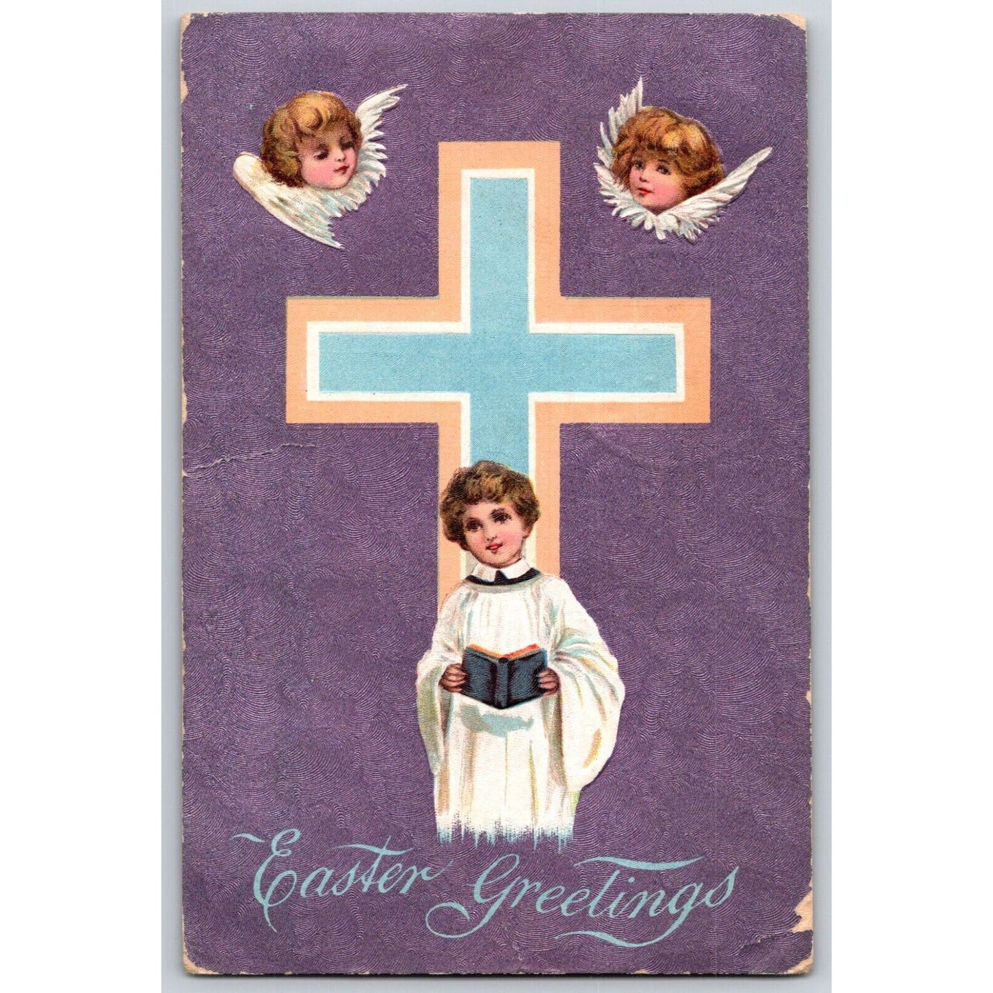 Easter Postcard "Easter Greetings" Cross Angels Choir Boy w/ Book PM 1909