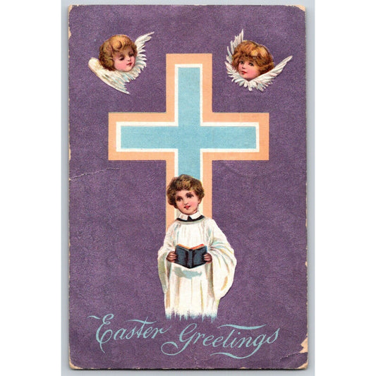 Easter Postcard "Easter Greetings" Cross Angels Choir Boy w/ Book PM 1909