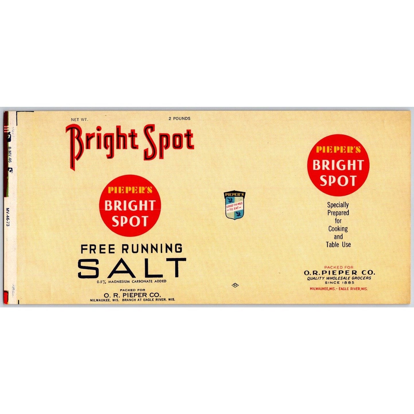 Pieper's Bright Spot Salt Paper Label c1946 Milwaukee / Eagle River, WI Scarce