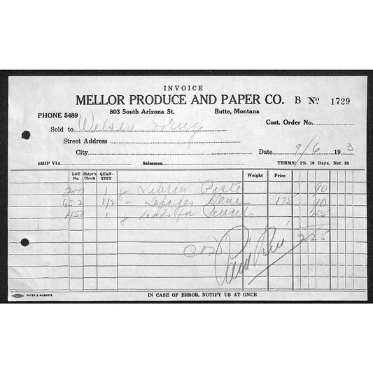 Mellor Produce & Paper Co. Butte Montana 1933 - Billhead Letterhead Wilson Drug