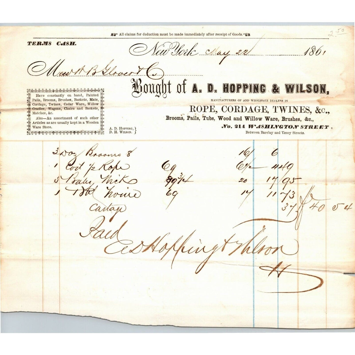 A.D. Hopping & Wilson NY to Glover, Warner & Clarke Sandy Hook Letterhead 1861