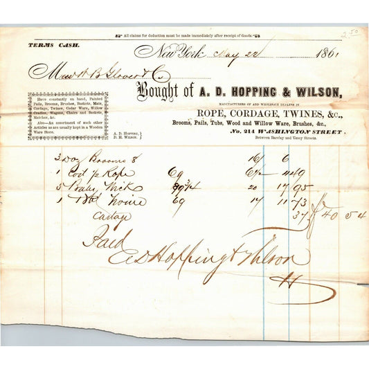 A.D. Hopping & Wilson NY to Glover, Warner & Clarke Sandy Hook Letterhead 1861
