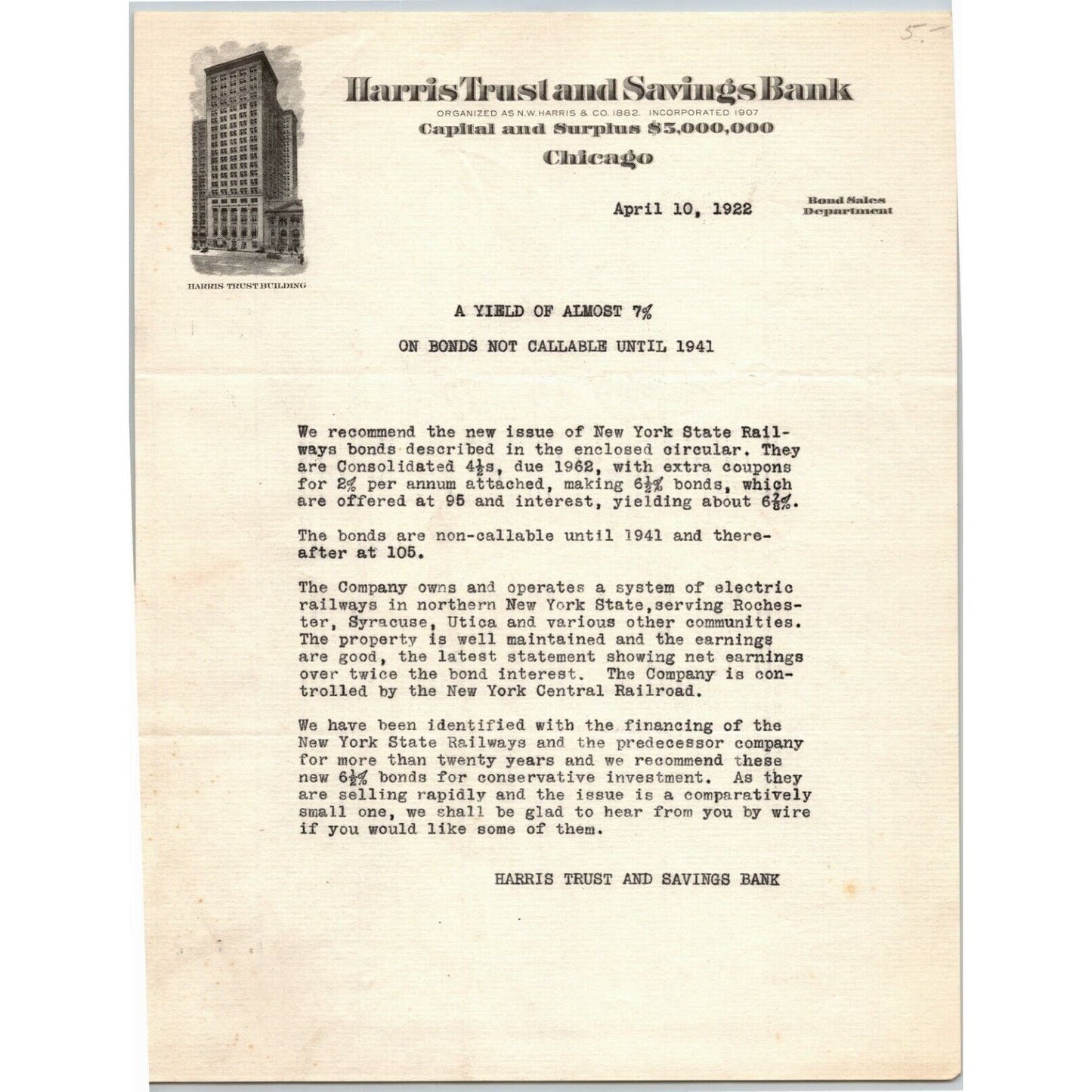 Harris Trust and Savings Company 1941 Letterhead Chicago re: Bonds NY Central RR