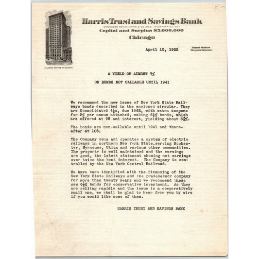 Harris Trust and Savings Company 1941 Letterhead Chicago re: Bonds NY Central RR