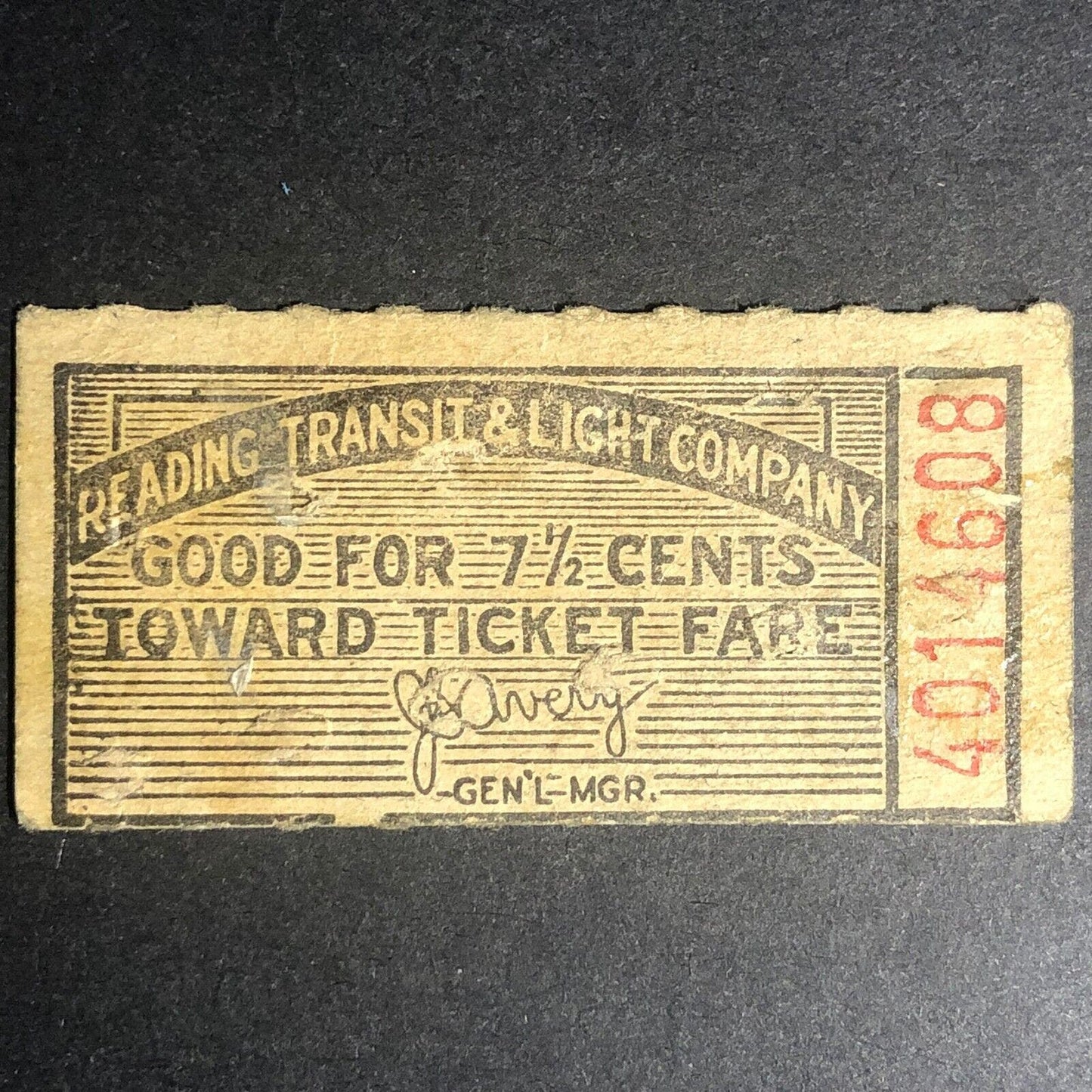 Reading Transit & Light Company G/F - 7 1/2c Ticket Fare / Stub Scarce