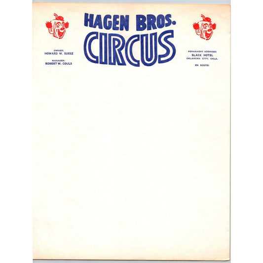 Hagen Bros. Circus Letterhead c1955 Black Hotel Oklahoma City Scarce