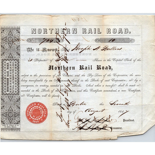 1847 Boston, MA Northern Railroad Stock Certificate No. 704 for 10 Shares