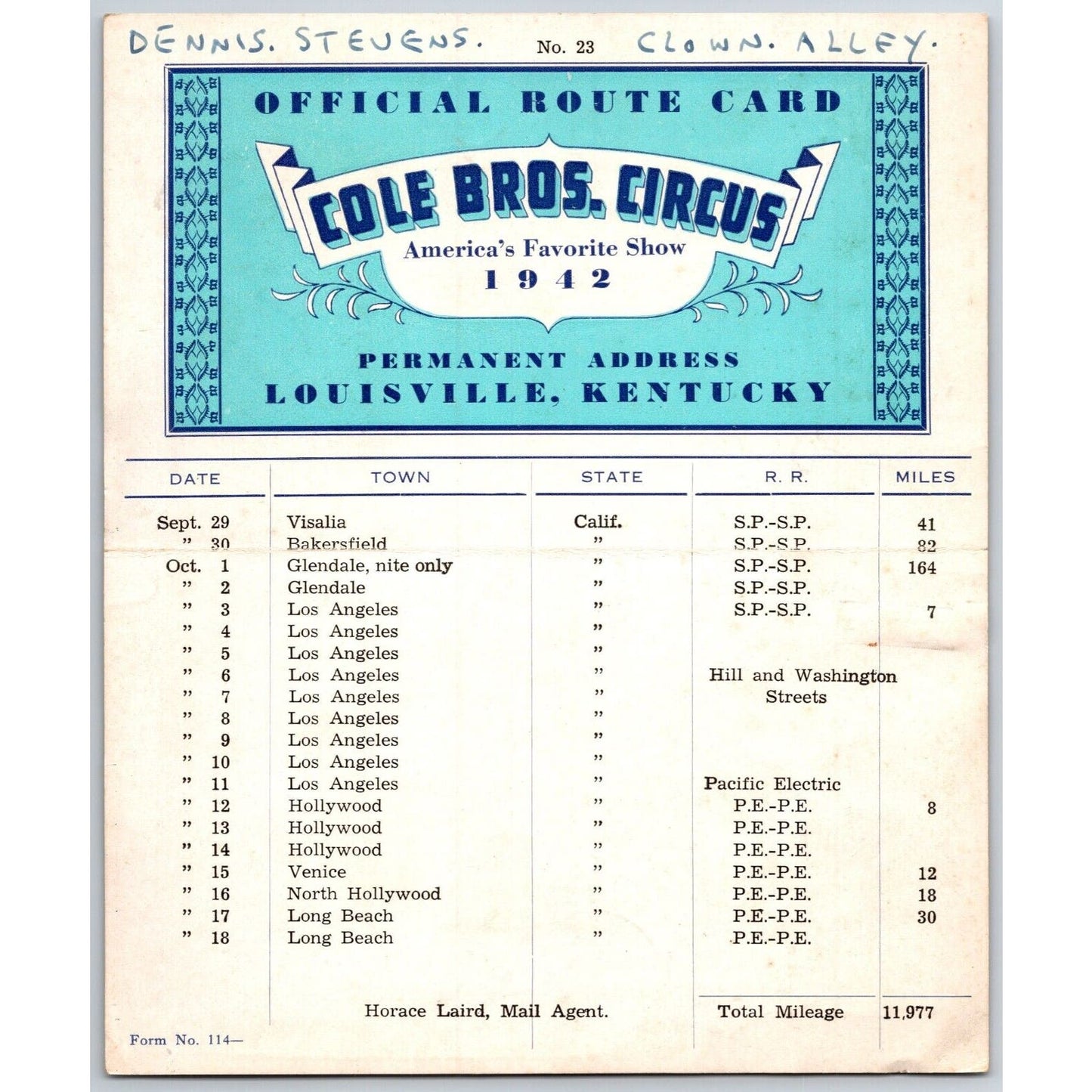 1942 Cole Bros Circus Route California Los Angeles Long Beach Venice