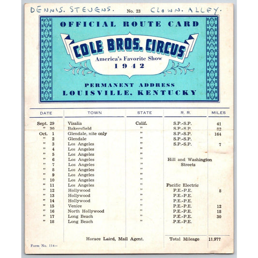 1942 Cole Bros Circus Route California Los Angeles Long Beach Venice