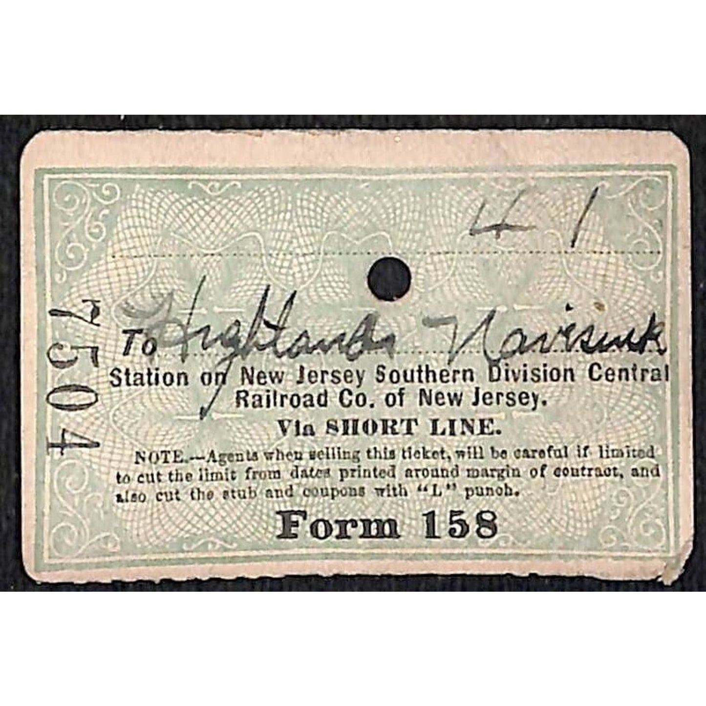 New York & Long Branch Railroad 1896 Ticket North Asbury Park Neversink #7504