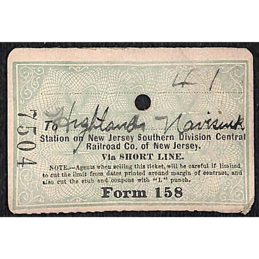New York & Long Branch Railroad 1896 Ticket North Asbury Park Neversink #7504