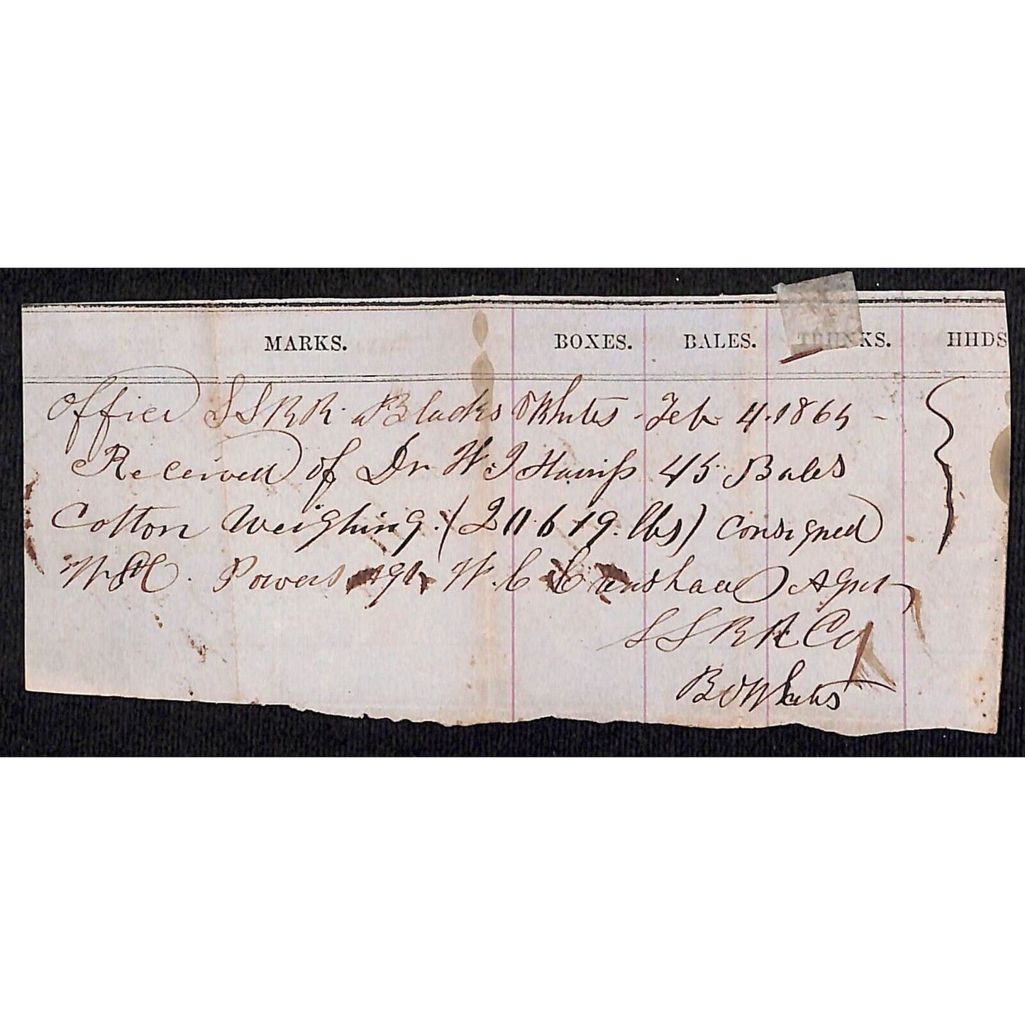 1865 Receipt for Railroad Cotton Freight / Shipment