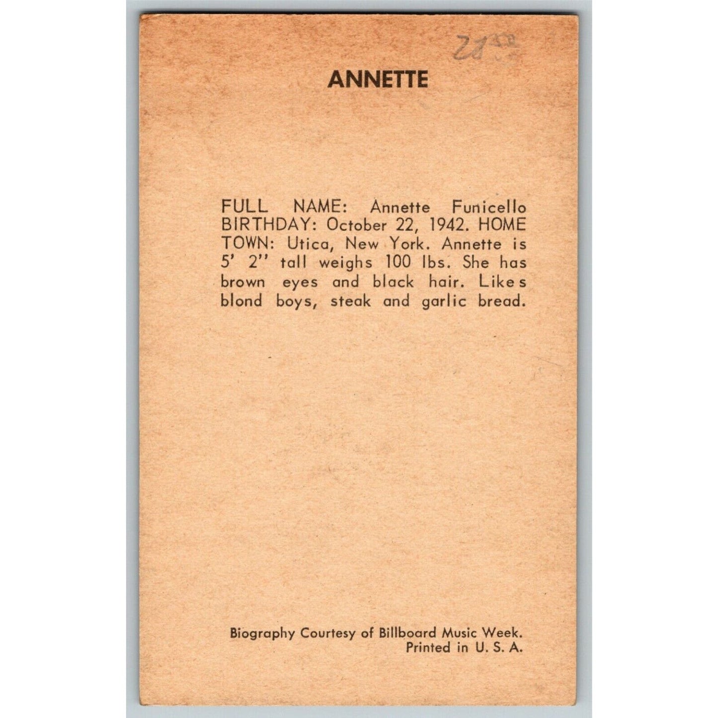 Annette Funicello / "Billboard Music Week" Arcade Card - Ken Prag Coll. VGC