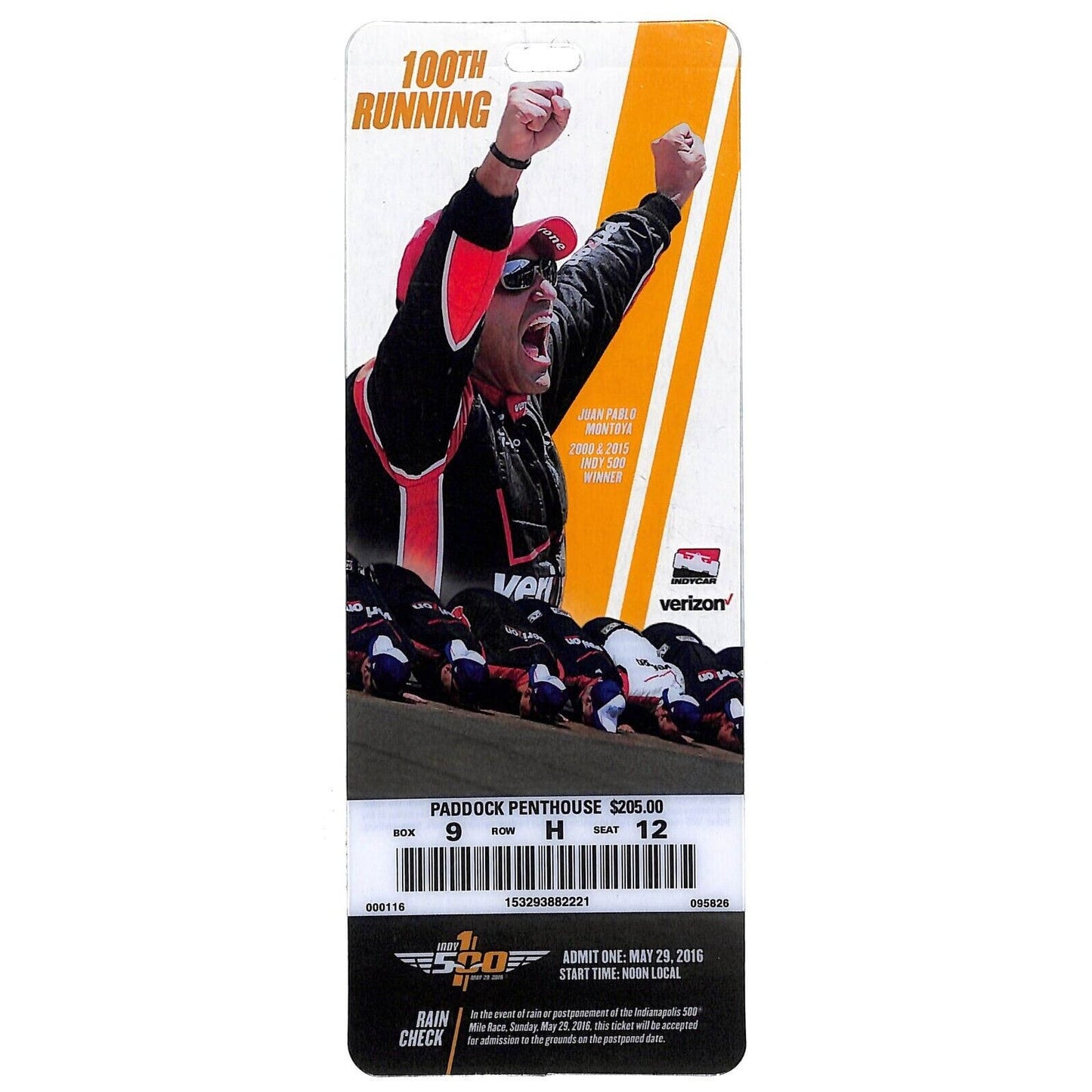 2016 Indy 500 Ticket 100th Running Clear Commemorative Plastic IMS 9-H 12 VGC