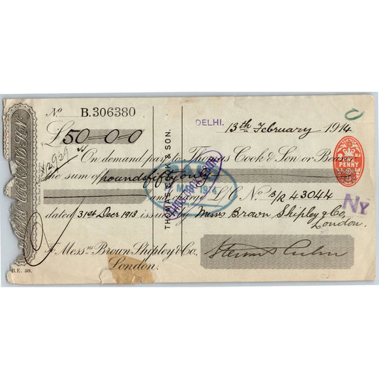 1914 Brown & Shipley Co. London Thomas Cook & Son Bank Check Tax Stamps