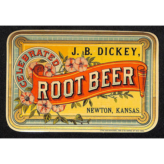 J.B. Dickey Root Beer Paper Label Newton, Kansas NOS Scarce VGC c1890-1900
