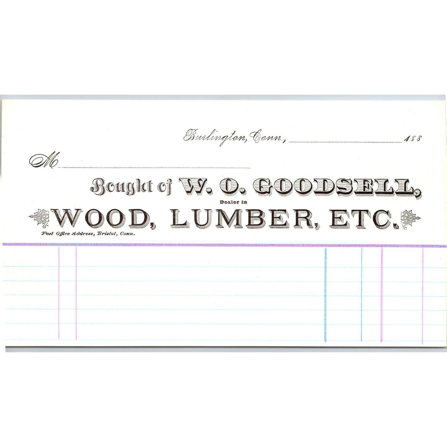Farmington, CONN W.O. Goodsell 1880 - 1889 Wood Lumber Unused Billhead -- Scarce