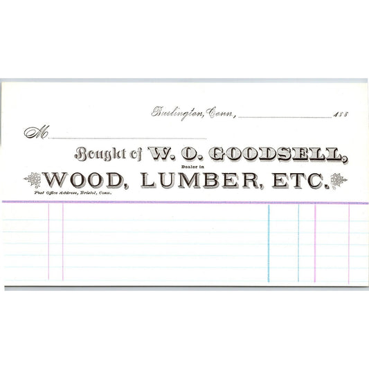 Farmington, CONN W.O. Goodsell 1880 - 1889 Wood Lumber Unused Billhead -- Scarce